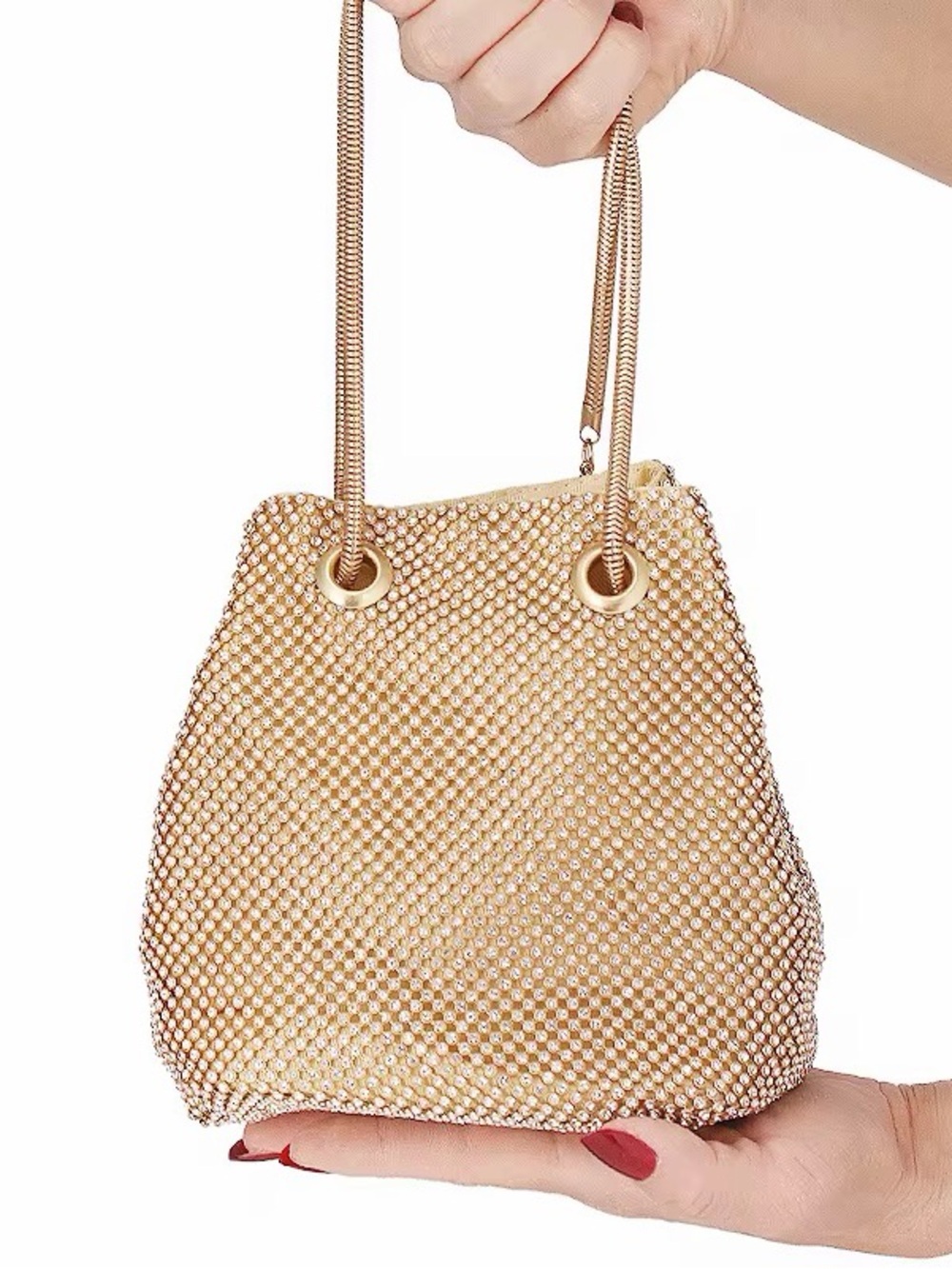 Gold Crystal Mesh Evening Bucket Bag - Elegant Sparkle